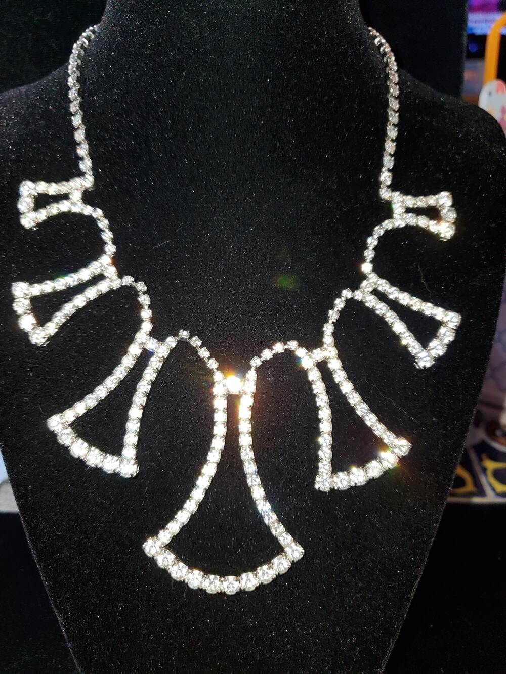 Vintage Rhinestone Collar Necklace Lotus Design 1960s Mod Egyptian Revival